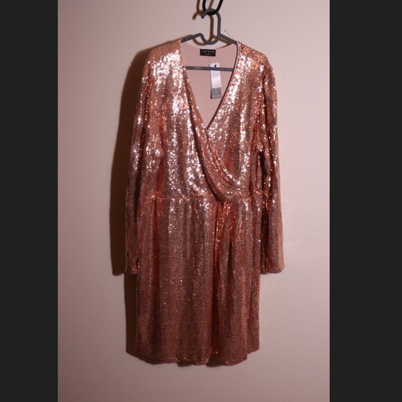 Lane Bryant Surplice Pleat-Waist Sequin Dress, rose gold champagne sequin, 20 - Picture 3 of 12